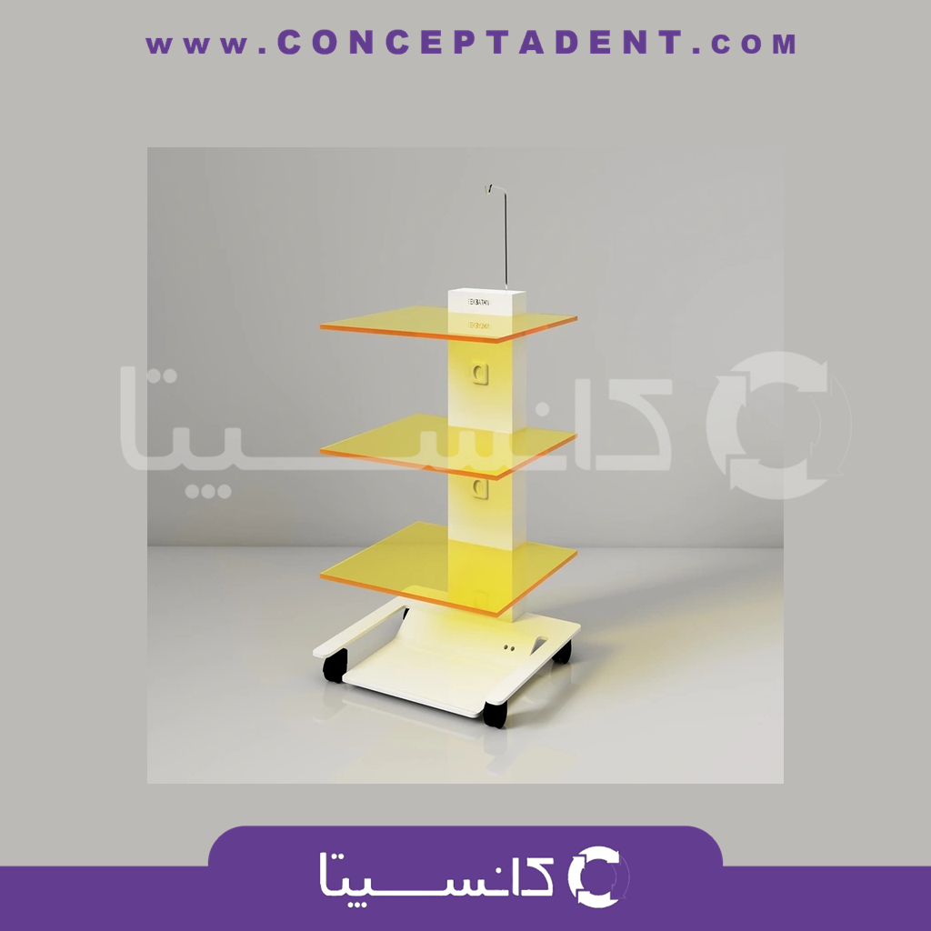 سرویتور سه طبقه شیشه ای با پایه پدال دار و پایه سرم مدل SR 306 برند navidekbatan – Servitor Three Tier Glass with Pedal Base and IV Stand Model SR 306